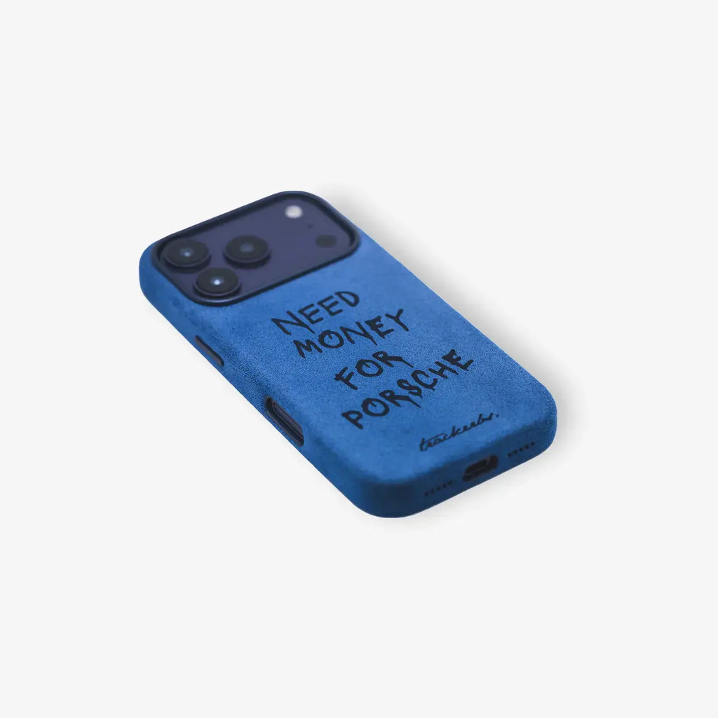 Slim fit phone case, Alcantara Riviera Blue, lightweight protection with automotive style, Trackerbs.