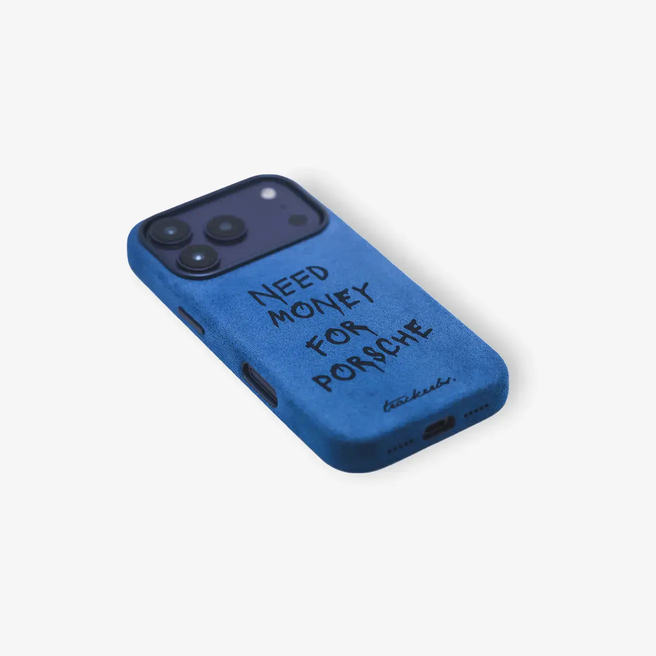 Slim fit phone case, Alcantara Riviera Blue, lightweight protection with automotive style, Trackerbs.