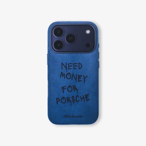 Need Money for Porsche design phone case, Alcantara Riviera Blue, premium grip and protection, by Trackerbs.